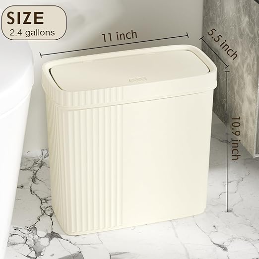 UUJOLY Small Bathroom Trash Can with Lid Slim Wastebasket Garbage Can Plastic Container Basket Trash Bin for Kitchen, Laundry Room, Office, Kids Room, Dorm, Beige, 2.4 Gallon