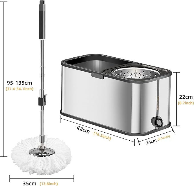 Spin Mop and Bucket with Wringer Set for Home,360° Mop and Bucket with Separate Clean and Dirty Water,Wet Dust Mop for Floor Cleaning with Extra Refills (Square Silver)