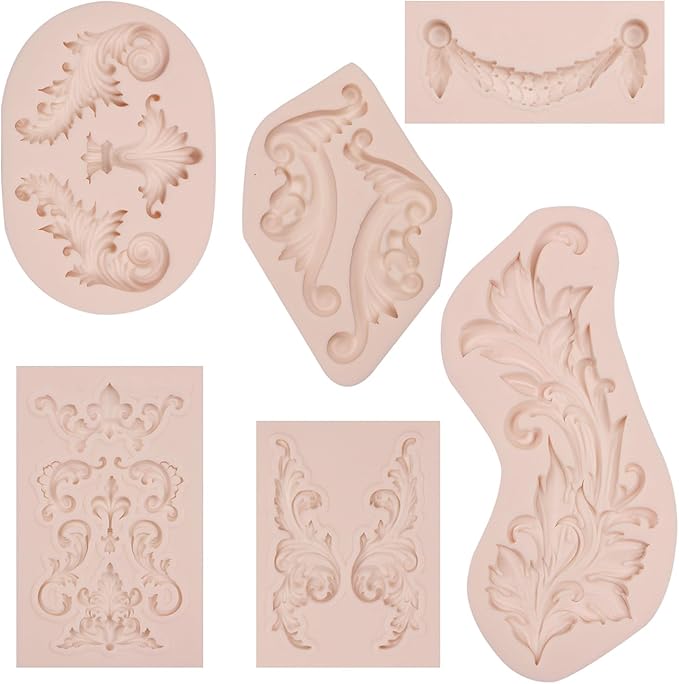 muyulin Baroque Silicone Molds Decorative Clay Mould, Fleur-de-lis Patterns 6 Pieces Scroll Feather Design for Chocolate Cake Decoration Cupcake Toppers