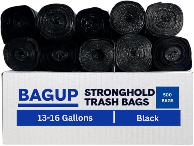 BAG UP Solutions Stronghold Trash Bags, Garbage Bags, Bin Liners, For Domestic & Office Use, 13-16 Gallons, 24 x 33 Inches, 500 Bags, Black