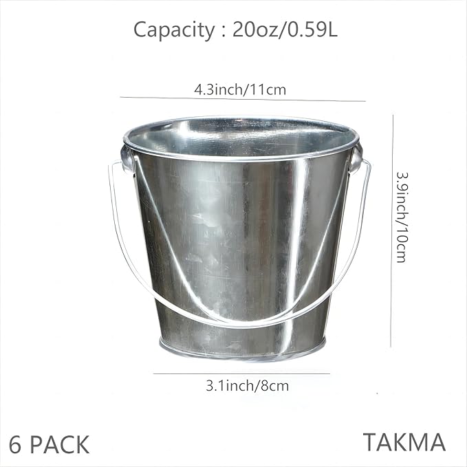 Galvanized Tin Metal Buckets with Handle - 6 Pack 4.3 Inch Iron Pail, Easter Bucket,Pencil Holder and Flower Pots,Craft Supply Holders for Events,School Storage and Party. (Silver, 4.3" Top)