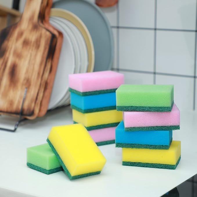 Dish Sponge for Kitchen Multicolor Cleaning Scrub Sponges Dual Sided Scouring Pad Non Scratch Dish Washing Scrubbers Absorbent Dishwashing Sponges for Cleaning Kitchen Dishes Bathroom (100 Pcs)
