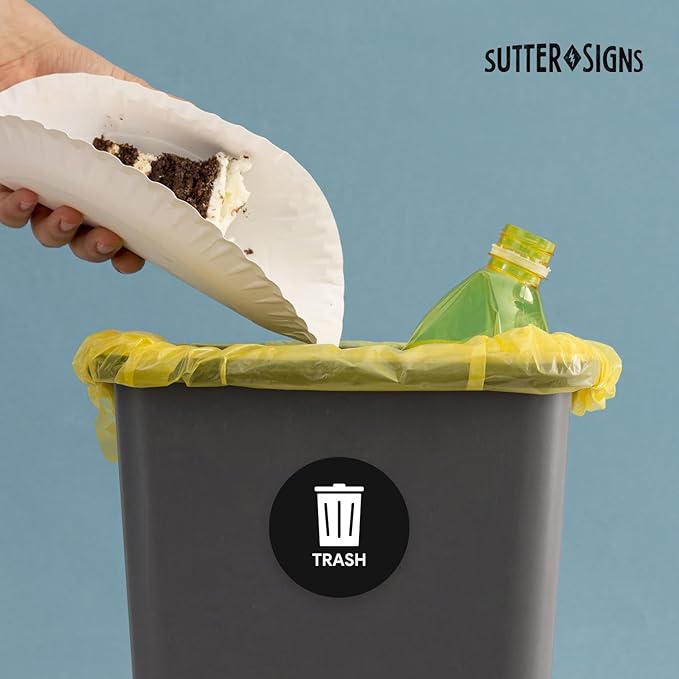 Sutter Signs 3pk Trash Stickers | 4" Weatherproof Waste Management Label Sign Decals for Outside Waste, Garbage Cans, and Trash Bins