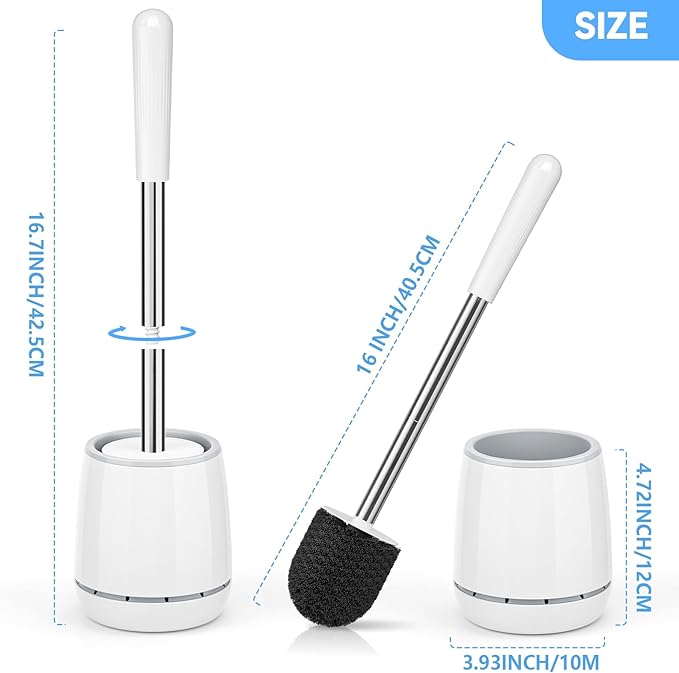Toilet Brush, Toilet Brush and Holder with 304 Stainless Steel Handle, Space Saving Toilet Bowl Brush for Storage, Durable Bristles Toilet Scrubber for Bathroom Cleaning (2, White)