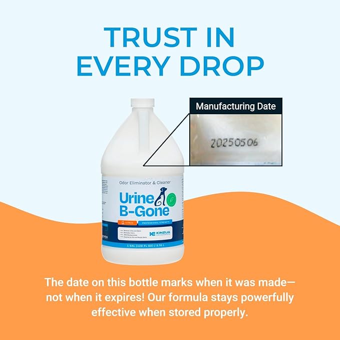 KINZUA ENVIRONMENTAL Urine B-Gone, Professional Enzyme Odor Eliminator & Pet Stain Remover, Human, Cat & Dog Urine Cleaner, Effective on Laundry, Carpets & More, Citrus Scent, 1 Gallon