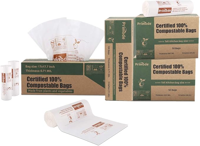 Primode Compostable Bags, 3 Gallon Food Scraps Yard Waste Bags, 100 Count, Extra Thick 0.71 Mil. ASTMD6400 Compost Bags Small Kitchen Trash Bags, Certified By BPI And TÜV AUSTRIA