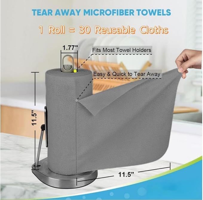 MRIGHT Gray Microfiber Cleaning Cloths Roll, 12x12 Inch, 60 Sheets-2 Rolls, Reusable, Machine Washable, Super Absorbent, Lint Free, Tear Away Design (1)