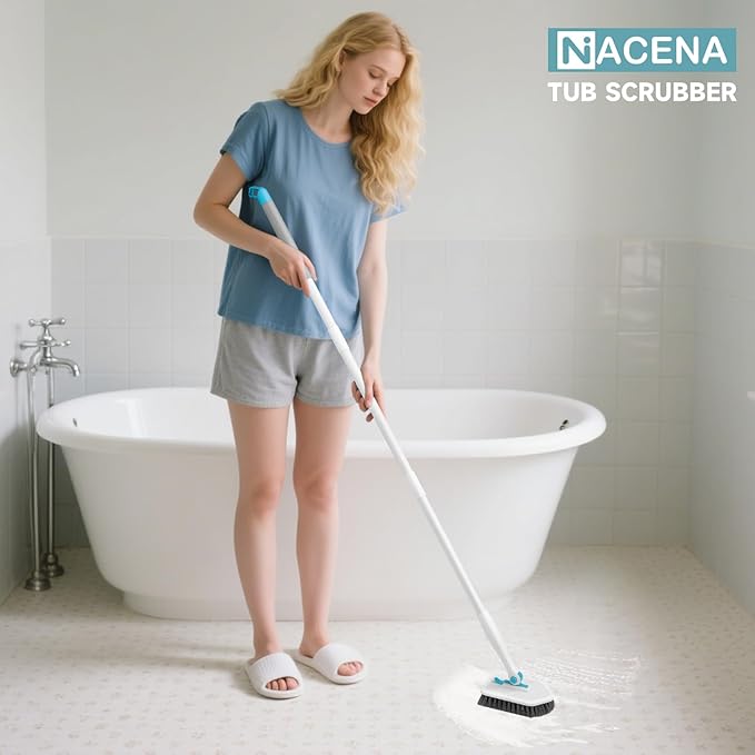 nacena Shower Scrubber with Long Handle, 4 in 1 Tile Tub Scrubber Brush with 3 Detachable Cleaning Heads and V-Shaped Grout Brush Shower Cleaner Brush for Bathroom Kitchen Toilet Tub Sink, Blue White
