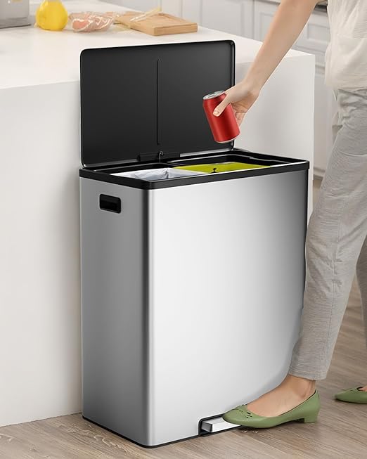 Garvee Dual Trash Can for Recycling and Trash, 2 x 30 L (60 L) Stainless Steel Kitchen Trash Can with Lid and Foot Pedal, Double Compartment Garbage Can, with Recycling Bin, 2 x 8 Gallon