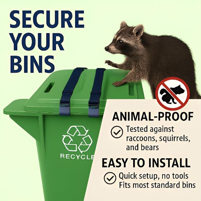 Premium 2 Trash Can Locks for Animals Garbage Straps Lid Wheelie Bin Locks Enclosure Cans Clips Out Raccoon Raccoons Hide Outside Strap Resistant Security Critter Trashcan Deterrent