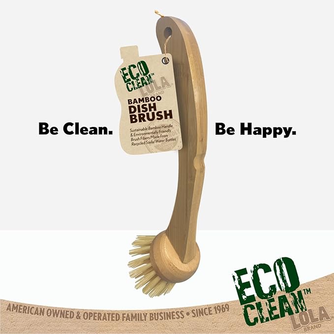 LOLA Eco Clean Bamboo Dish Brush, Multi Purpose, Sustainable Ergonomic Renewable Bamboo Handle, Fibers are Recycled Soda/Water Bottles - 1 CT
