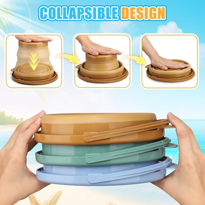 3PCS Foldable Beach Bucket Sandbox Kit Toys for Kid Adult, Collapsible Small Bucket for Washing Camping Fishing, Silicone Sand Pail for Garden Planting, Travel, Beach Summer Toy Gift for Boy Girl