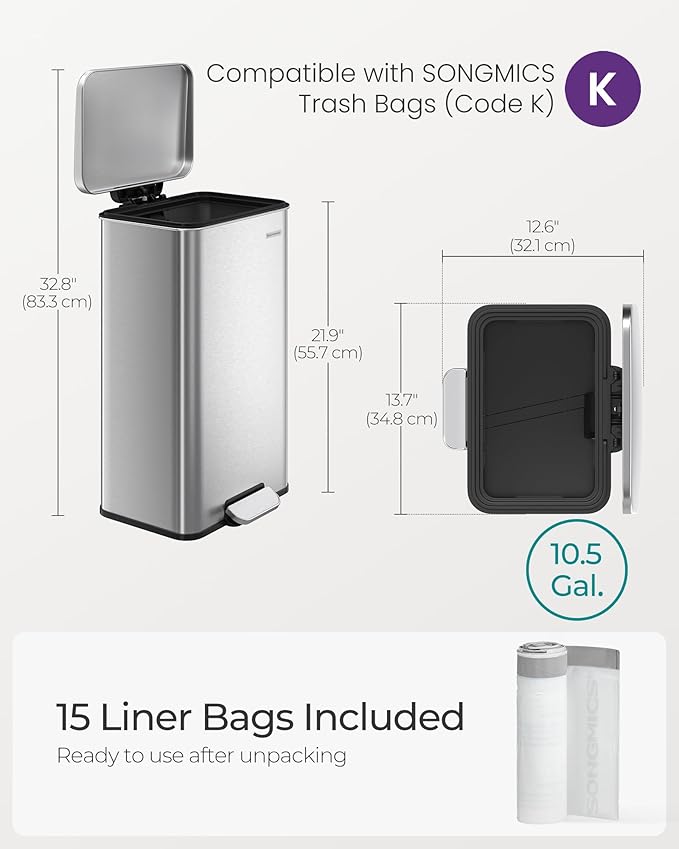 SONGMICS Kitchen Trash Can, 10.5 Gallon (40 L) Garbage Can, Large Step Trash Bin with Lid, Stainless Steel, Soft Close, 15 Trash Bags Included, Silver ULTB540E40
