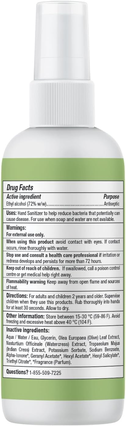 ATTITUDE Hand Sanitizer Spray, EWG Verified, Kills Germs & Bacteria, Vegan & Plant-Based, Safe for Adults & Kids, Olive Leaves Scent, 3.38 Fl Oz (Spray Bottle)