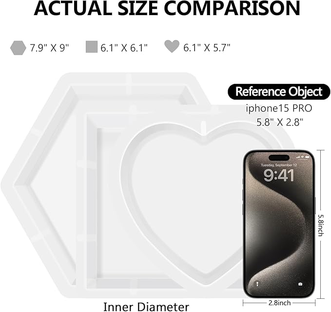 KISREL Large Resin Molds, 3 PCS Silicone Molds Kit for Resin Including Large Hexagonal and Square Heart Resin Mold, Epoxy Resin Molds for Flower Preservation Kit