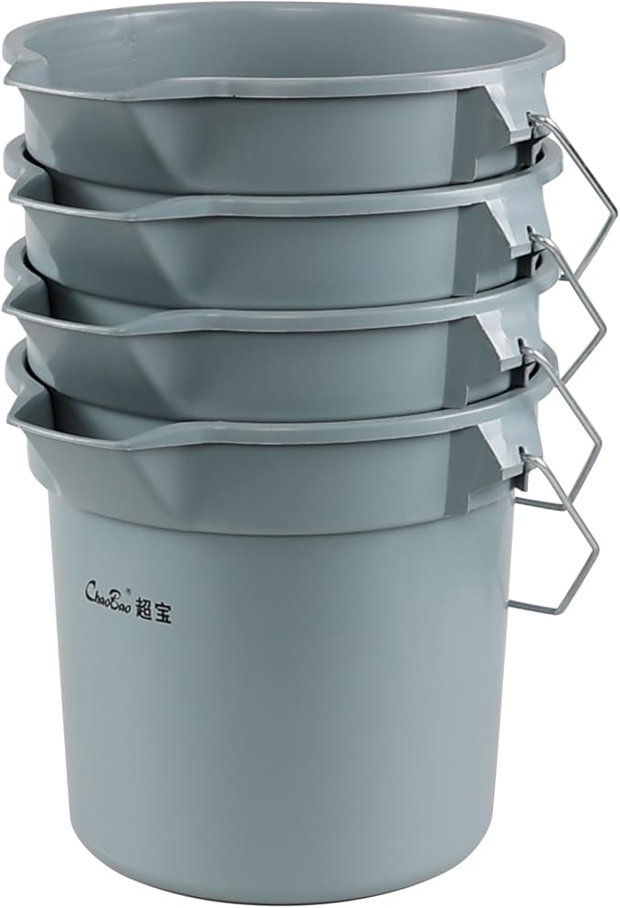 4-Pack 3.5 Gallon Industrial Round Utility Pail, 14 Quart Plastic Car Wash Bucket with Handle, Gray