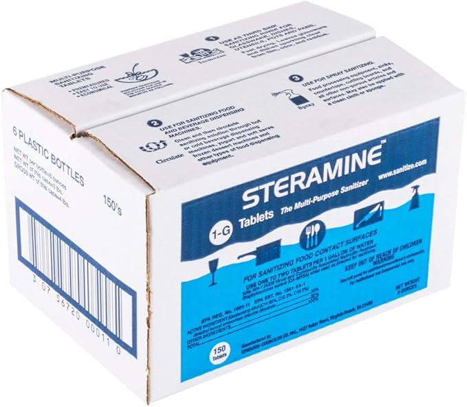 6 Bottles Steramine Sanitizer Tablets w/15 QT-10 Test Strip - Multi Purpose Steramine Sanitizing Tab for Food Contact Surface, Kitchen, Restaurant, Diner & Food Service by FryOilSaver Co. (900 Count)