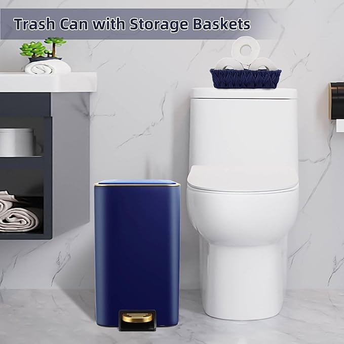 Small Bathroom Trash Can with Lid Soft Close, 1.8 Gallon Stainless Steel Garbage Can with Removable Inner Bucket,Wicker Storage Baskets,75Count Trash Bags, Slim Step Pedal Trash Bins