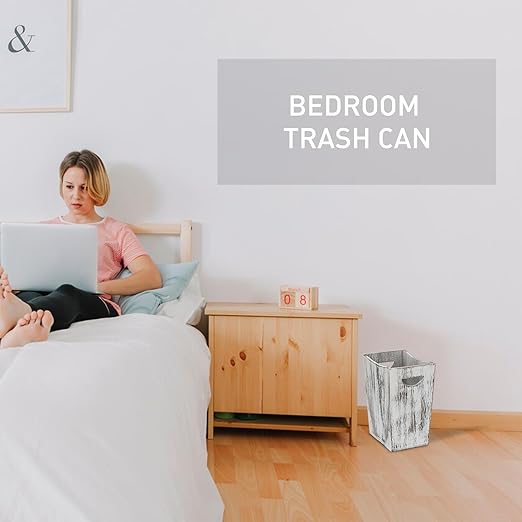 2 Pack Trash Can Wood Waste Basket Wooden Garbage Bins Decorative Farmhouse Trash Can for Bathroom Bedroom Office Desk Living Room (Rustic White)