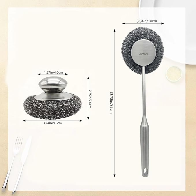 Stainless Steel Wool Scrubber Set, Long Handle & Handle Brushes,Metal Brush for Pots, Pans, Grills & Cutlery Cleaning (3 Pack)