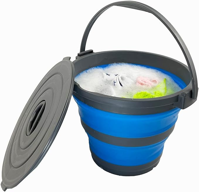 SAMMART Set of 2-10L (2.64Gallon) Collapsible Fishing Bucket Locking Lid, 31cm Dia. (2, Grey/Blue)