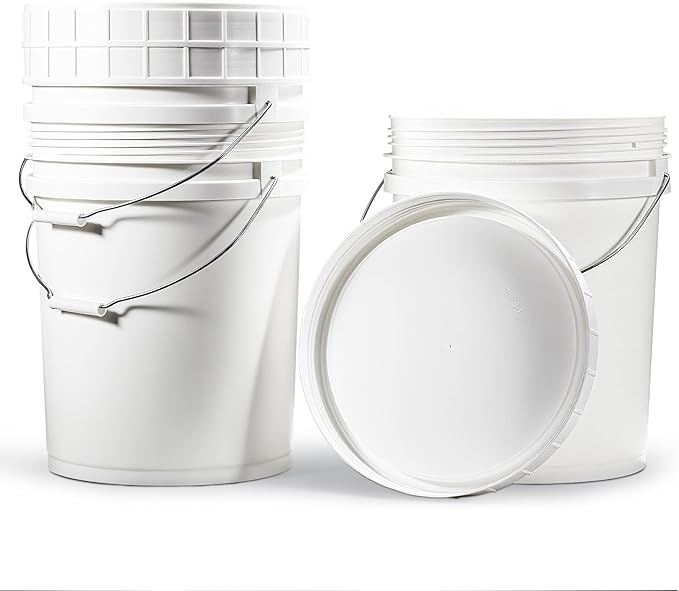 DEMORA 5 Gallon Food Grade Bucket with Screw Lid, Heavy Duty Plastic Buckets Containers for Food Storage, Plastic Pail with Metal Handle for Water Cleaning Paint Gardening, BPA Free (White, 3 Pack)