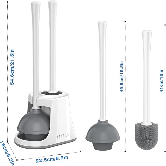 Toilet Plunger and Brush, Bowl Brush and Heavy Duty Toilet Plunger Set with Ventilated Holder, 2-in-1 Toilet Brush and Plunger Combo for Bathroom Cleaning (2, White)
