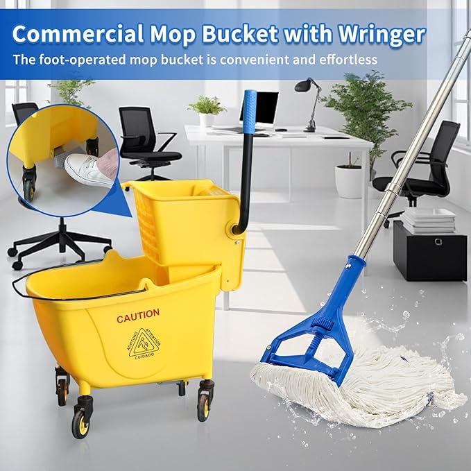 35QT Side-Press Mop Bucket and Wringer Combo on Wheels, Yellow,Including One Heavy Duty Industrial Mop and One Set Large Rubber Cleaning Gloves