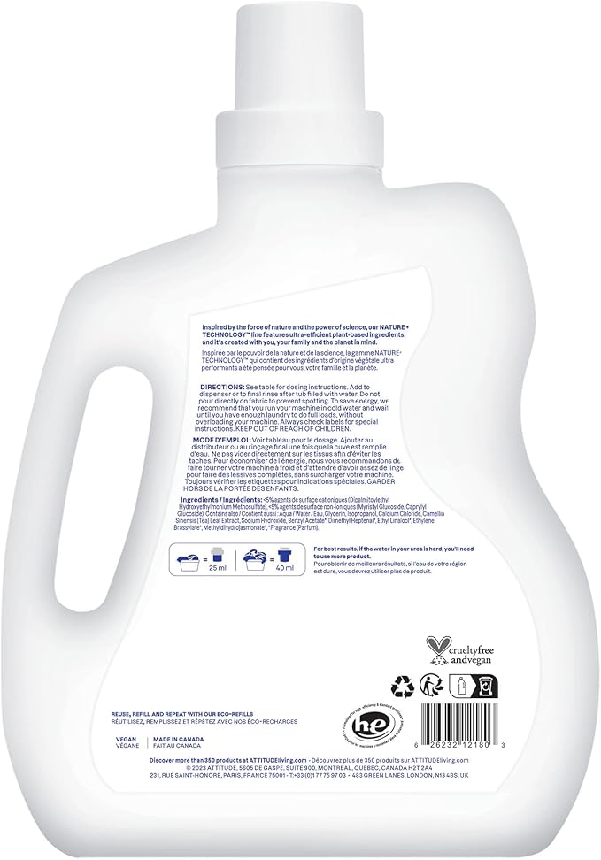 ATTITUDE Liquid Fabric Softener, Plant-Based & Vegan, HE Compatible, Naturally Derived, Wildflowers Scent, 80 Loads, 67.6 Fl Oz