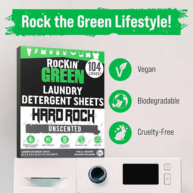 Rockin' Green Hard Rock Travel Laundry Detergent Sheets for Hard Water - Mess-Free Laundry Sheet Detergent with Sodium Bicarbonate - Easily Dissolvable Laundry Soap Sheets (104 Loads, Unscented)