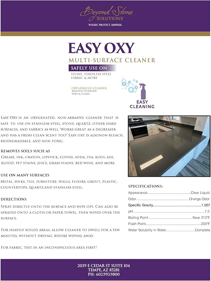 Easy Oxy – Professional Stone Cleaner & Degreaser | Safe for Granite, Marble, Quartz, Tile & More | Non-Acidic, pH-Balanced Formula | 32 oz Spray Bottle | Made In USA