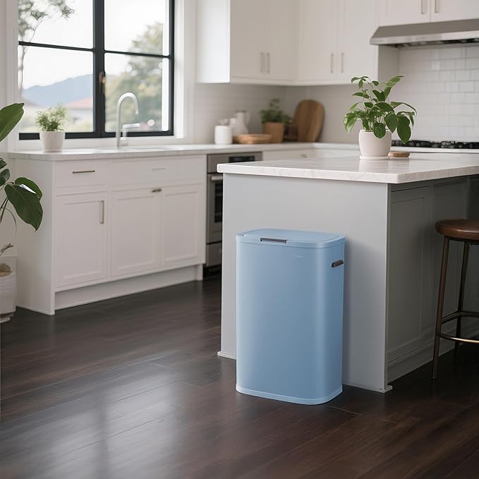 happimess HPM1017H Tammi Kitchen 14.5-Gallon Slim Metal Push Button Trash Can for Home, Kitchen, Laundry Room, Office, Bedroom, Bathroom, Tide Pool Blue