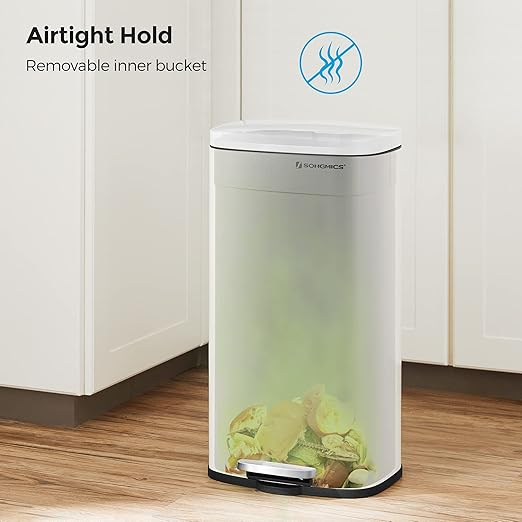 SONGMICS Trash Can with Lid, 8 Gallon Garbage Can, Stainless Steel Small Waste Bin with Step Pedal and Inner Bucket, Soft Close, Kitchen, White ULTB102W01