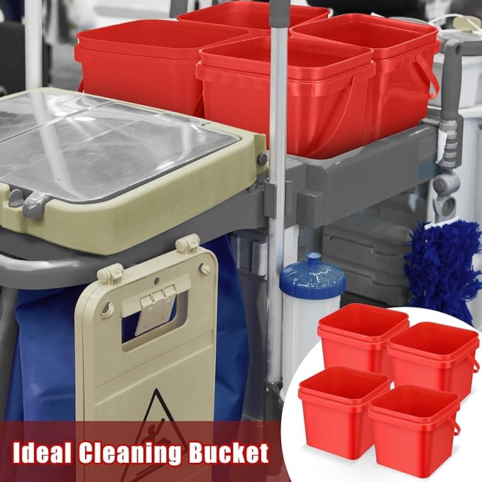 4 Pcs Plastic Bucket 5 Quart Square Bucket Utility Small Pail with Handle Sturdy Pail Organizer for House Cleaning Storage Livestock Feeding Car Washing Food Storage, No Lids(Red)