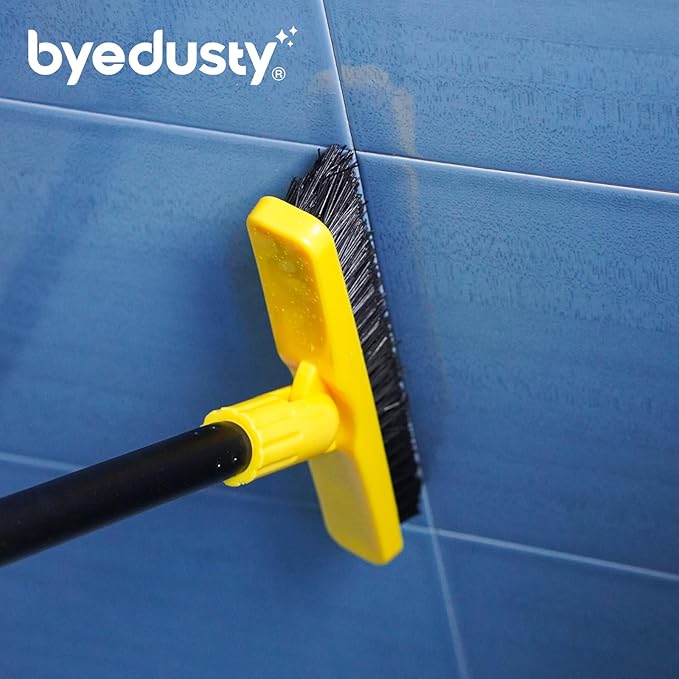 Grout Brush with Long Handle, Rotation Tile Grout Cleaning Tool, Wall Cleaner Mop, Baseboard Scrubber with 1 Chenille Duster for Painted Walls, Floor and Corners, V-Shape Shower Scrubber Cleaner -59in