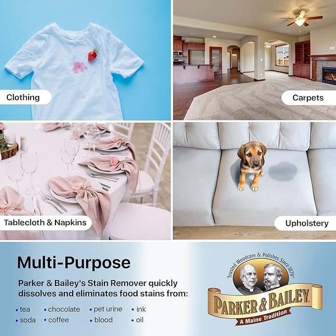 Parker & Bailey Liquid Stain Remover - Instant Stain Removal on Laundry Clothing Fabric Ink Grease Blood Grass Coffee Wine Food Carpet Upholstery Spot Cleaner Odor Free Detergent Booster, 8oz