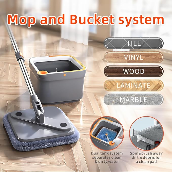 Spin Mop and Bucket Set with Self Separation System 360° Spinning Self-Wringing, Mops and Buckets for Floor Cleaning-with Replaceable Mop Cloths-2Pads-Dark Gray