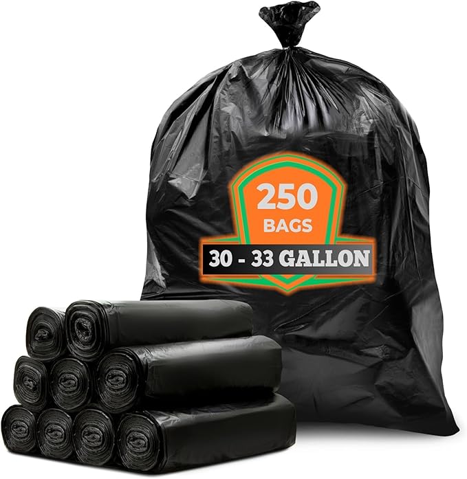Tasker 30-33 Gallon Trash Bags Heavy Duty (MegaValue Pack 250 Count) Large Black Garbage Bags 30 Gallon - 32 Gallon - 33 Gallon- 35 Gallon. High Density Bags