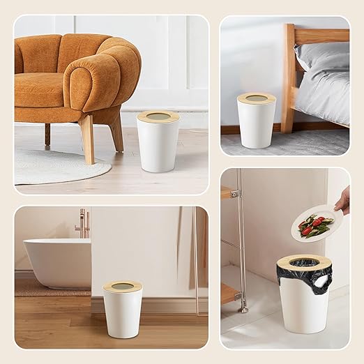 White Trash Can for Bedroom with Bamboo Lid, 2.4 Gallon Open Top Trash Can 2 Pack, Modern Aesthetic Garbage Can for Room Office Living Room, Small Bathroom Trash Bin Boho Style
