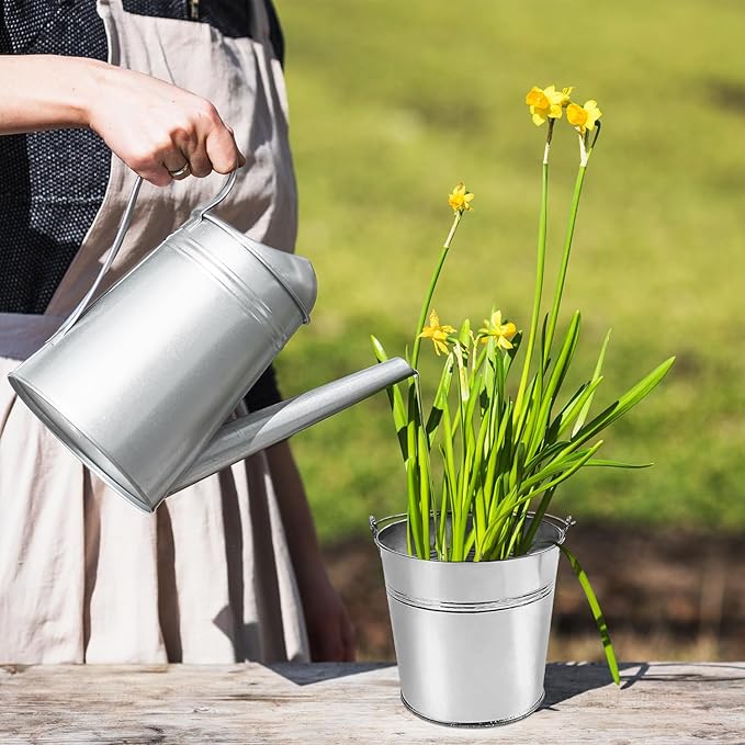 Set of 6 Pcs Galvanized Metal Buckets with Chalkboard Stickers and 5.5" Mini Plastic Kitchen Scoops,5 Inch Tin Buckets, Small Galvanized Pail for Backyard Decoration,Garden Planters.