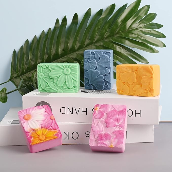 Moukiween Soap Molds Silicone, 3D Rectangular Flower Pattern Silicone Molds for Handmade Craft Soap, Bath Bombs, Chocolate Bars, DIY Candle, Polymer Clay Design