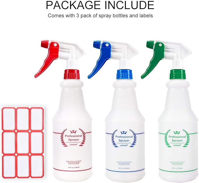 Plastic Spray Bottle (3 Pack, 24 Oz, 3 Colors) Heavy Duty All-Purpose Empty Spraying Leak Proof Mist Water Bottles for Cleaning Solutions Plants Essential Oils Hair Pet with Adjustable Nozzle