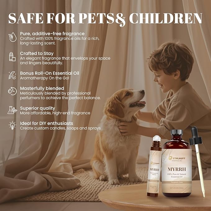 Myrrh Essential Oil (4 fl.oz Bottle + 0.34 fl.oz Roll-On) — Myrrh Oils for Aromatherapy, Diffusers, Humidifiers, Home fragrances, DIY Skincare, Candle, Soap Making, Relaxation, Yoga