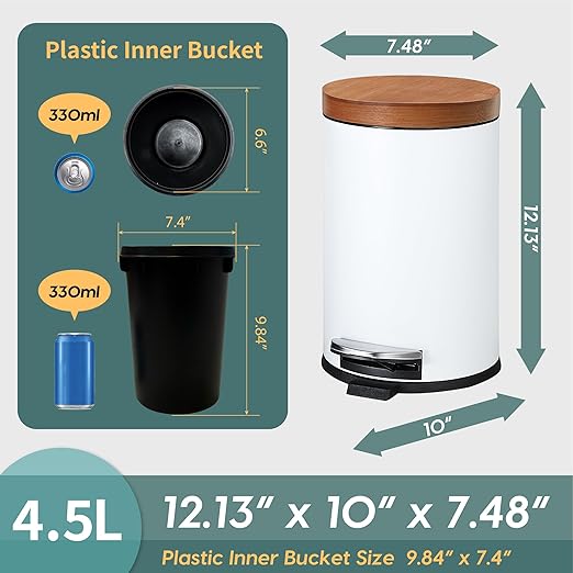 SunnyPoint Elite Bamboo Lid 4.5 Liter (1.2 Gallon) Round Trash Can with Plastic Inner Bucket; Bathroom, Office, Kitchen and Bedroom Step On and Slow Close (White)