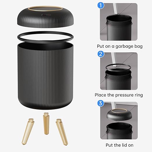 URALFA Motion Sensor Trash Can with Lid, 3 Gallon / 11 L Automatic Bathroom Trash Can, Touchless Trash Bin, Smart Plastic Garbage Can with Removable Legs for Bathroom, Bedroom, Kitchen, Office, Black