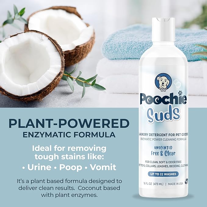 Poochie Suds Pet Laundry Detergent, Enzyme Cleaner and Odor Remover, Hypoallergenic and Fragrance-Free Pet Safe Detergent for Dog and Cat Bedding, Blankets, Toys and Gear, Made in USA, 16 fl oz