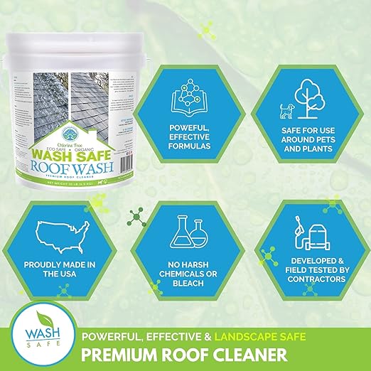 Wash Safe™ ROOF WASH Eco-Safe and Organic Roof Cleaner, 3 lb. | Clear, Bleach-Free Concentrate | Clean Up to 3,000 sq. ft. of Asphalt, Wood, Slate and Ceramic Shingles or Tiles