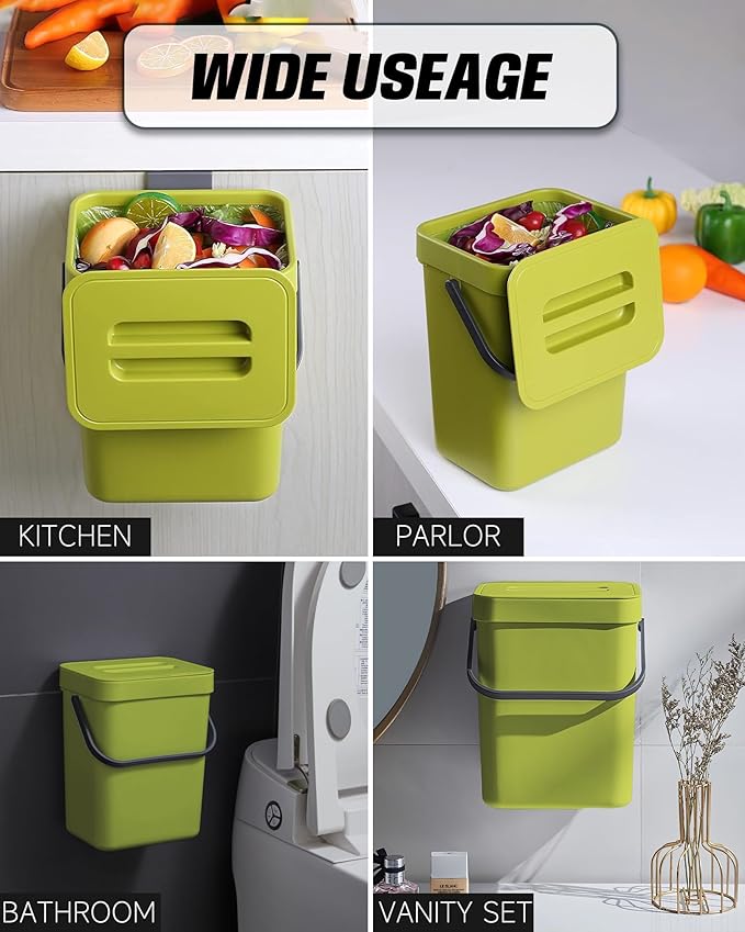 Compost Bin for Kitchen Countertop 5L/1.3 Gal Hanging Small Trash Can with Lid, Kichen Under Sink Trash Can, Wall Mount Indoor Compost Bucket with Lid(Lime Green)