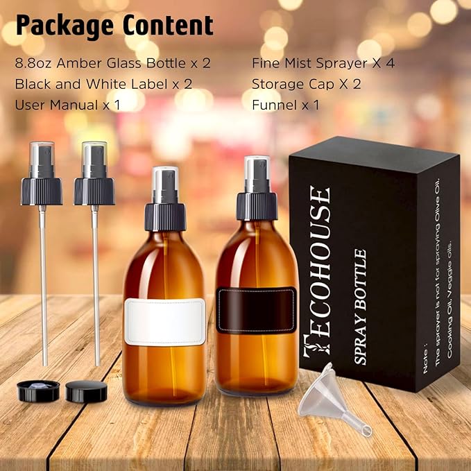 Tecohouse Amber Glass Spray Bottles 8.8 oz, 2 Pack Empty Spray Bottle for Essential Oils, Small Glass Bottles for Cleaning Solutions, Plants, Hair with Durable Nozzle, Labels, Funnel