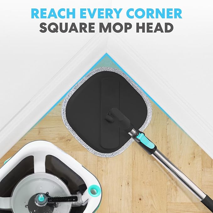 SIMPLI-MAGIC 360° Square Spin Mop and Bucket System – Dual Compartment, Separate Clean & Dirty Water – 3 High-Absorbent Microfiber Washable Heads – All Types Floor Cleaning